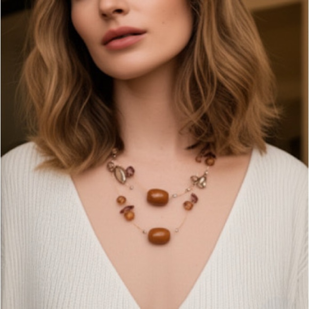 Bohemian Style Earth Tone Wood and Glass Bead Natural Stone 3 Strand Necklace